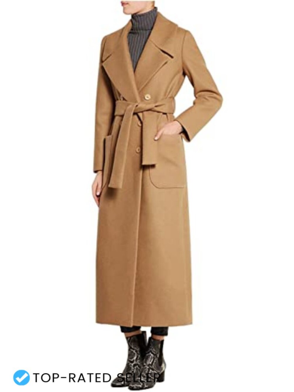Wool Blend Overcoat Double Breasted Belted Notch Lapel Ankle Length Coat
